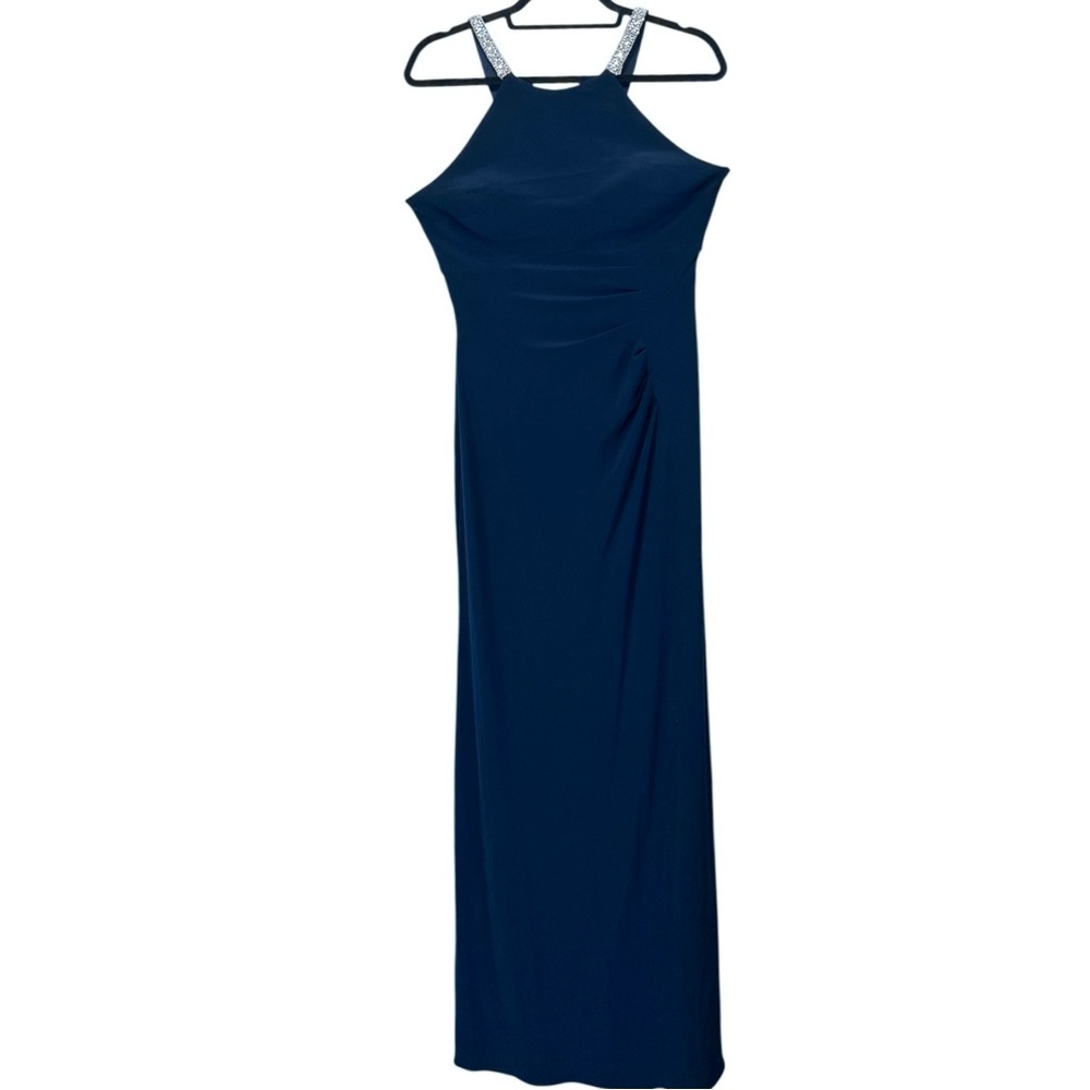 Betsy & Adam Long Halter Neck Sleeveless Gown Rhinestone Straps, Navy Blue, Sz 8 - Picture 2 of 15